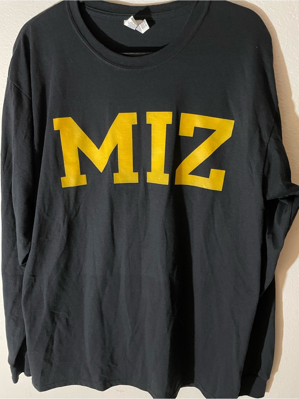 Black Long Sleeve Crewneck Tee with Yellow MIZ Lettering